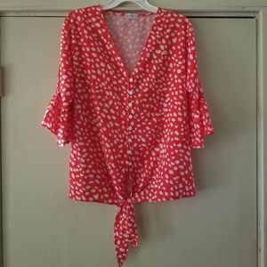 Kancystore Button Down V-Neck Tie Front Blouse